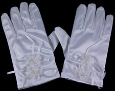 GIRLS WHITE IVORY SATIN GLOVES HOLY COMMUNION FLOWER GIRL FLOWERS Ribbons Pearls