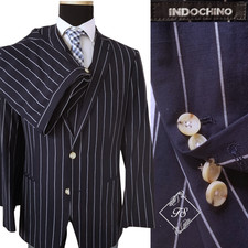 Indochino Yaletown Mens 3 Piece Suit Blue Linen Wool 42R 34X32 Flat Front Pants