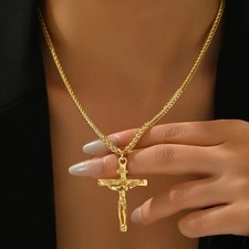 Stylish 18K Gold Minimalist Crucifix Cross Pendant Necklace Men Women Jewellery