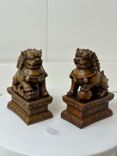 Vtg Pair Of Foo Dogs Dark Red Ornate Carved Resin 5 Inches Tall M
