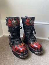 New Rock Reactor Boots Black Leather with Red Flame Size 4 UK
