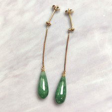 9ct Yellow Gold Dangle Earrings Green Jade Stones 40mm 8k Stamped Long