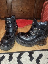 New Rock M.8330 Skull  Leather Chunky Wedge Platform Boots Vintage Size 5