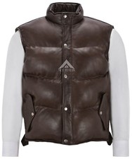 Men's Puffer Leather Waistcoat Brown Padded Lambskin Leather Casual Vest Style