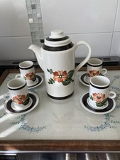 70’s Toni Raymond Coffee Set, coffee pot, four mugs, four saucers, hand painted
