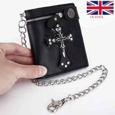 Gothic Skull Cross Biker Punk Card Holder Mens Leather Wallet With Pants Chain