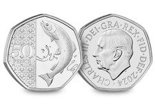 RARE NIFC NO PRIVY MARK 2024 KING CHARLES III UNC ATLANTIC SALMON 50p COIN. TUE