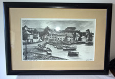 The Harbour Padstow about 1900 Kevin Platt Signed Print Line Drawing  24" X 14"
