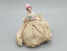 Antique Art Deco Porcelain Half Doll Pin Cushion Beige Chiffon Original 20s 30s
