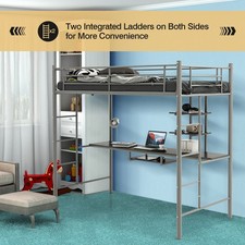 High Sleeper Bunk Bed Sigle Metal Loft Bed Frame W/ Desk & Storage Shelves