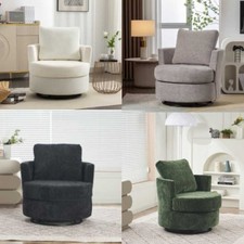 Chenille Swivel Chair, Round Accent Armchair w/ Back Cushion Swivel Barrel Chair