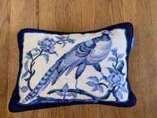 WILLIAMSBURG NEEDLEPOINT BLUE PHEASANT VELVET FALL HOLIDAY PILLOW 12X17