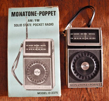 Boxed Vintage Monatone Poppet AM/FM Solid State Pocket Radio 1970s D2375 Working