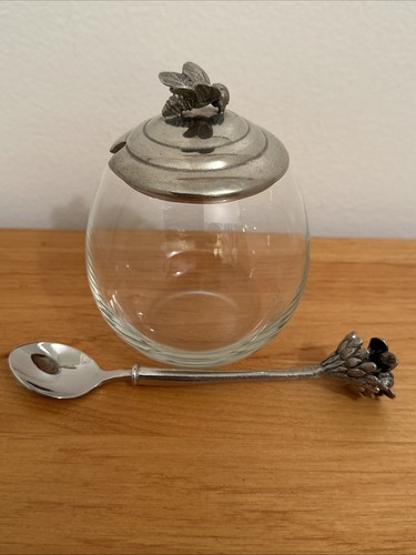 Pewter bee honey pot glass - honey, jar
