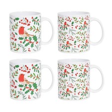Coffee Mug Set of 4 Stoneware Christmas Robin & Holly 350ml Hot Tea Drinks Cups