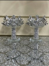 Crushed Diamond Candle Holder Crystal Filled Silver Lotus Romany Set of 2