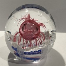 Vintage Art Glass Pink Jellyfish Sea Anemone Blue Swirl Paperweight