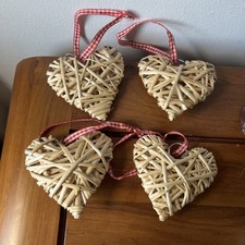 4 Wicker Hearts Xmas Hanging Decoration With Gingham Ribbon Scandi Style Rattan