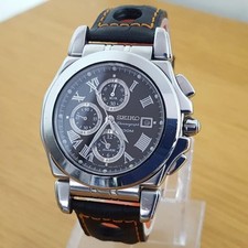 Mens XL Seiko 7T62-0EW0 Chrono Alarm Black Leather Racing Style 100m Sport Watch