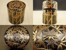 Japan Wajima Lacquer Wooden Tea Caddy Nakatsugi-Natsume- Gold Bamboo Makie 1107