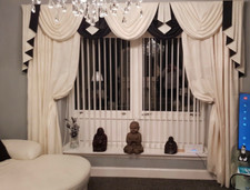 SWAGS AND TAILS SET IN CREAM, BRAND NEW, FITS UP TO 100" WIDE X 89" CURTAIN DROP