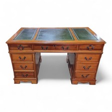 Kneehole writing desk - antique style 9 drawer pedestal desk green leather top