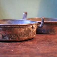 Pair Of Antique Copper Mini Pans With Riveted Handles Rustic Kitchenalia 10cm D