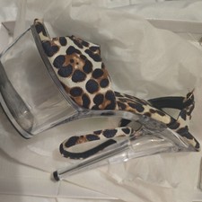 DeeCees Platform 7 Inch Heels Pole Dance Sandals White Leopard Print Size 7 BNIB