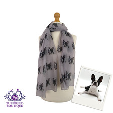BOSTON TERRIER SCARF LADIES SHAWL GREY BACKGROUND WITH BOSTON TERRIERS