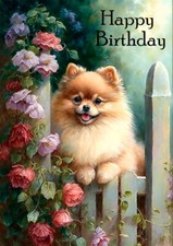 POMERANIAN CUTE POM PUPPY DOG AND FLOWERS BIRTHDAY GREETINGS NOTE CARD
