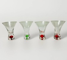 Set of 4 MCM Handblown Bubble Base Green Red Colored Martini Glasses Liqueur