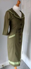 BNWT Bettie Page Olive Green Button Through Belted Pencil Dress M Uk 10 military