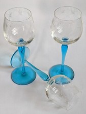 Set Vintage Hand Blown Hock / White Wine Glasses w/Etched Bowls +  Blue Stems x3