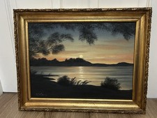 Original Oil Painting On Canvas Signed Sunset Over Water Gold Gilt Frame
