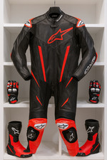 Alpinstars Racing Suit Black Red | Cowhide Leather Suit Gloves Boots Set