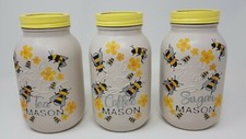 Set Of 3 Hand Painted Tea Coffee Sugar Mason Jars, Shabby Chic