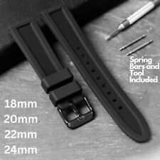 Black Silicone Rubber Watch Strap - 18mm 20mm 22mm 24mm Black Buckle Replacement