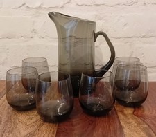 Vintage 1970s Smoked Glass Whisky Water Jug and Glasses Mid Century Decanter Set