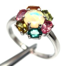 Unheated 7 MM. Multicolor Opal & Tourmaline Ring 925 Sterling Silver Size 7.75