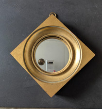 Vintage Diamond Wood Frame in Antiqued Gold Leaf Convex Mirror 7.25"