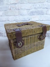 Vintage Woven Wicker Rattan Hamper Picnic Basket Leather Straps Handle 10x 8x 7