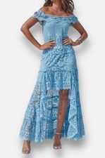Boston Proper Blue Lace Dip Hem Maxi Bardot Dress S 10 12 Spanish Flamenco Prom