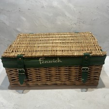 Fenwick Wicker Hamper Picnic Basket - Green Leather Straps 46cm x 32cm x 20cm. 