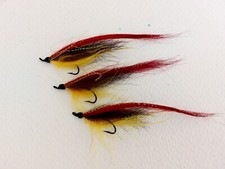 3 x Sunray Shadow  ,burgand/yellow size 8 singles SALMON fishing  flies Ref.0176