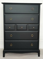 Stag Minstrel painted black mahogany tallboy, chest of drawers, vintage dresser.