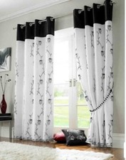 Tahiti Embroidered Floral Trail Lined Voile Eyelet Ring Top Curtains Pair 58x54