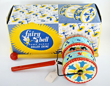 VINTAGE CHILTERN GREEN MONK PUSH ALONG FAIRY BELL ROLLER CHIME TOY c1960