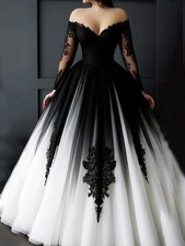 Black And White Wedding Dresses V Neck Off Shoulder Floor Length Applique Tulle