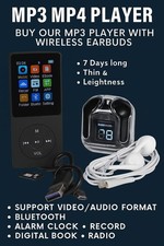 MP3/MP4 Player + BONUS Wireless Earbuds & Memory Card – Slim & Lightweight