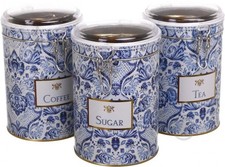Set of 3 Tea Coffee Sugar Rustic Modern Canisters-Blue Floral ACRYLIC Lids